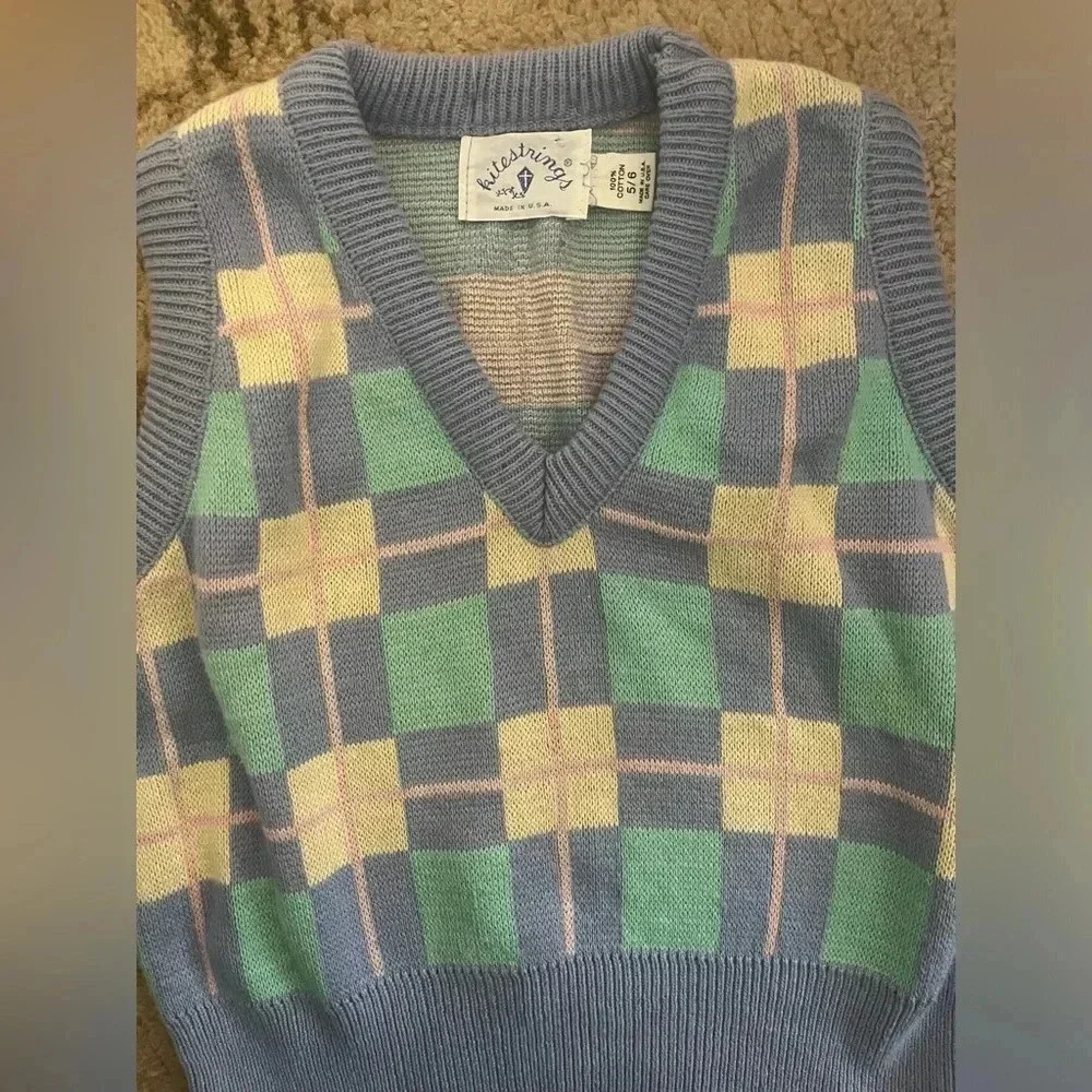 Vintage Kitestrings Kids Pastel Plaid Cotton Knit Sweater Vest‎ Size 5/6